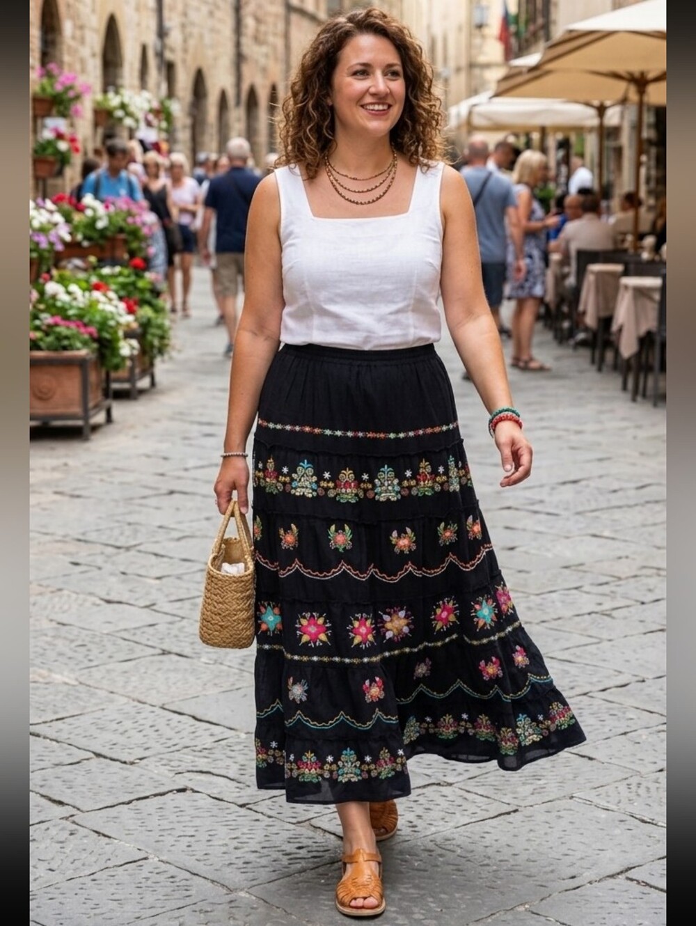 {Harold's} Black Embroidered Tiered Midi Skirt - Multicolor Floral - SIZE L/XL